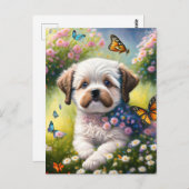Hund in Blumenwiese mit Schmetterlingen Postkarte (Vorne/Hinten)