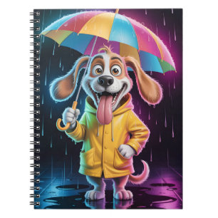 Hund in gelbem Regenmantel mit Regenbogen-Schirm Notizblock