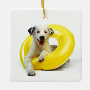 ***HUND IN INNERTUBE*** CHRISMAS ORNANATION KERAMIKORNAMENT