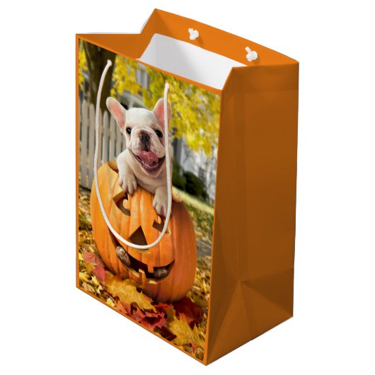 Hund in Jack-o-Lantern Mittlere Geschenktüte (Rückseite Schrägansicht)