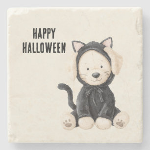 Hund in Katzenkostüm Halloween Steinuntersetzer