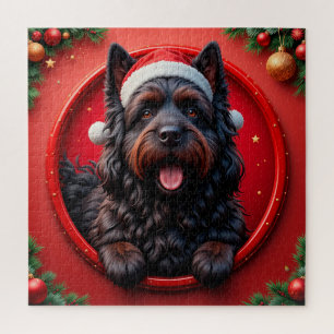 Hund in Santa-Mütze umgeben von festlichen Weihnac Puzzle