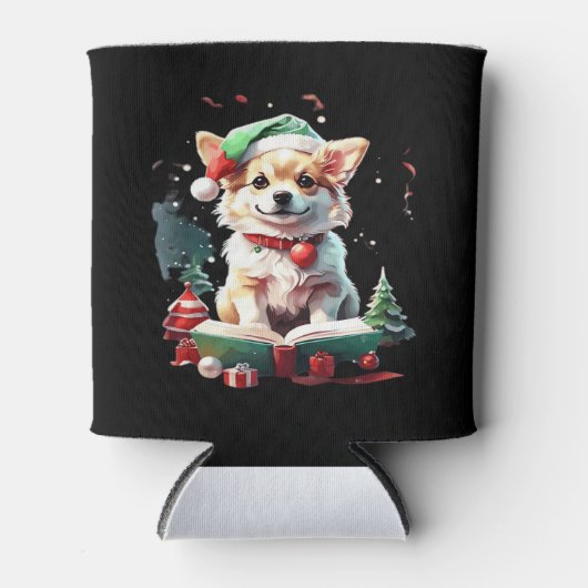 Hund in Weihnachtshut mit Büchern - Ein perfekter Dosenkühler (Vorderseite)