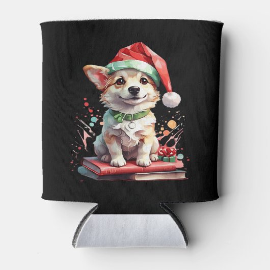 Hund in Weihnachtshut mit Büchern - Ein perfekter Dosenkühler (Vorderseite)