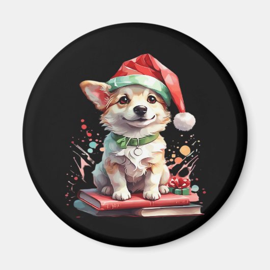 Hund in Weihnachtshut mit Büchern - Ein perfekter  Magnet (Vorne)