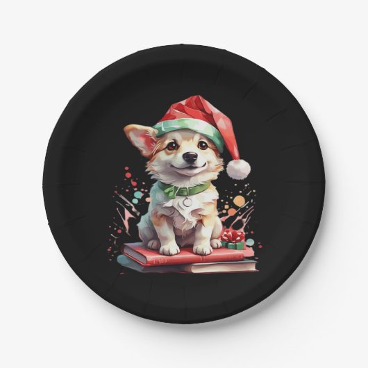 Hund in Weihnachtshut mit Büchern - Ein perfekter  Pappteller (Vorderseite)