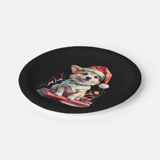 Hund in Weihnachtshut mit Büchern - Ein perfekter  Pappteller (Schrägansicht)
