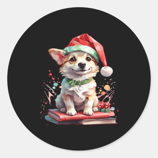 Hund in Weihnachtshut mit Büchern - Ein perfekter Runder Aufkleber (Vorderseite)