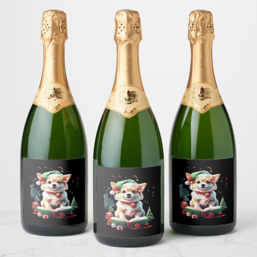 Hund in Weihnachtshut mit Büchern - Ein perfekter Schaumweinetikett (Flaschen)