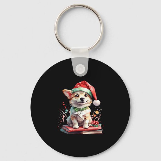 Hund in Weihnachtshut mit Büchern - Ein perfekter Schlüsselanhänger (Vorderseite)