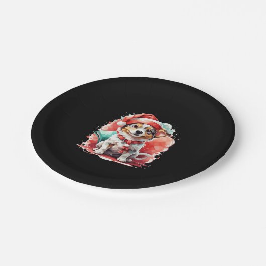 Hund in Weihnachtshut - Weihnachtsgeschenk überdac Pappteller (Schrägansicht)