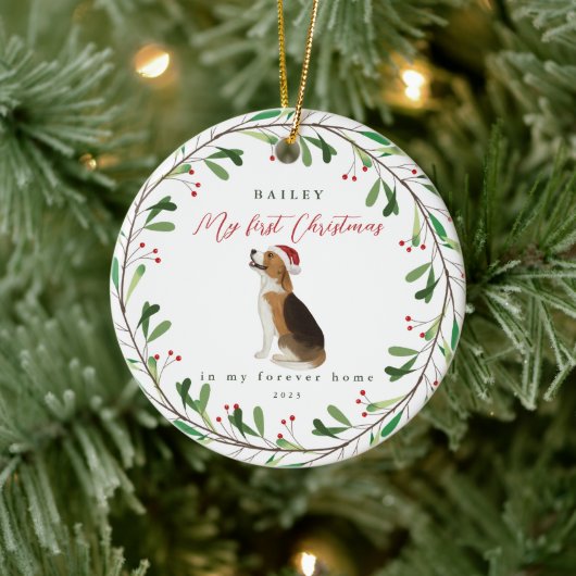 Hund ist mein erstes Weihnachten mit Name Beagle Keramik Ornament (Baum)