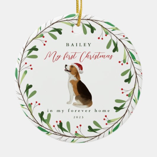 Hund ist mein erstes Weihnachten mit Name Beagle Keramik Ornament (Vorne)