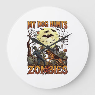 Hund jagt Zombies Halloween Deutscher Schäferhund  Große Wanduhr