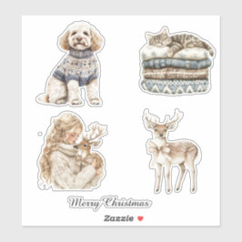Hund Katze Hirsch Mädchen Weihnachten Aufkleber
