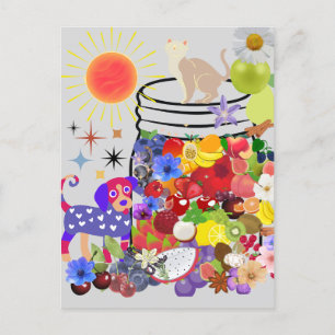 Hund, Katze, Obst und Blume Feiertagspostkarte
