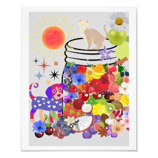 Hund, Katze, Obst und Blume Fotodruck (Vorne)