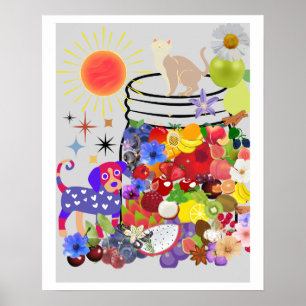 Hund, Katze, Obst und Blume Poster