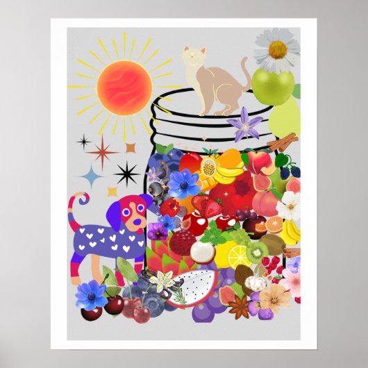 Hund, Katze, Obst und Blume Poster (Vorne)
