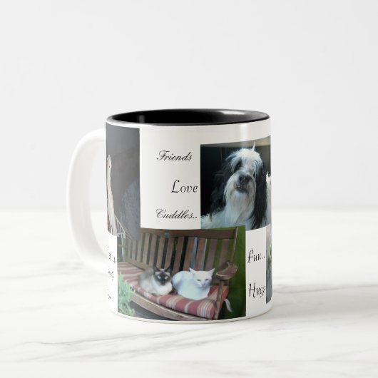 Hund, Katzen, Vögel, beste Freunde Zweifarbige Tasse (Vorderseite Links)