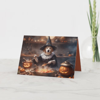 Hund kocht an Halloween in seiner Küche und grüßt Karte