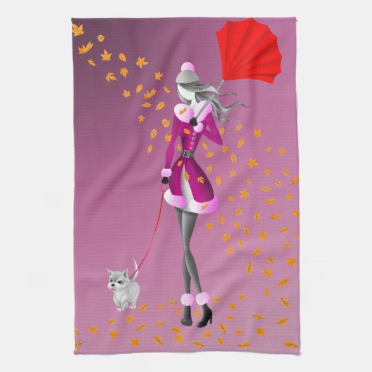 Hund & Lady Herbst Blätter rosa Teetücher Geschirrtuch (Vertikal)