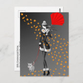 Hund & Lady Herbstleaves Grau Monochrome Postkarte (Vorne/Hinten)