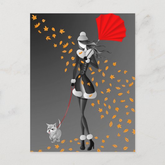 Hund & Lady Herbstleaves Grau Monochrome Postkarte (Vorderseite)