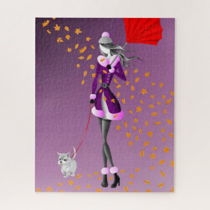 Hund & Lady Herbstleaves Lila Jigsaw Puzzle