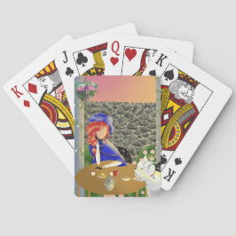 Hund & Lady im Café bei Sonnenuntergang Spielkarte