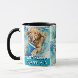 Hund läuft mit der Big Book Coffee Tasse