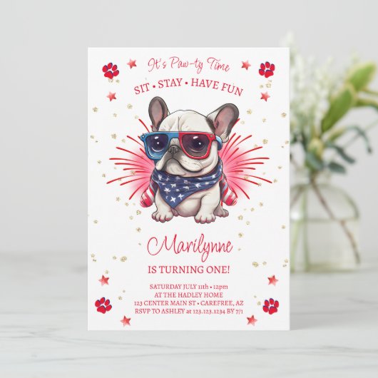 Hund Let's Pawty 1. Geburtstag Einladung (Stehend Vorderseite)