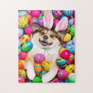 Hund liegt auf Ostereiern Puzzle