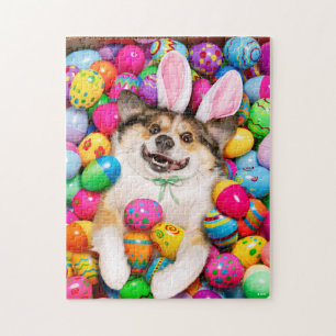 Hund liegt auf Ostereiern Puzzle