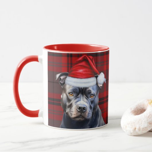 Hund Lover's Bluenose Pitbull Holiday Red Kariert Tasse (Mit Donut)