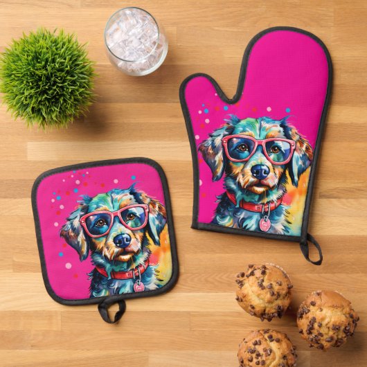 Hund mit Brille Ofenhandschuh & Topflappen-Set (Oben Unten)