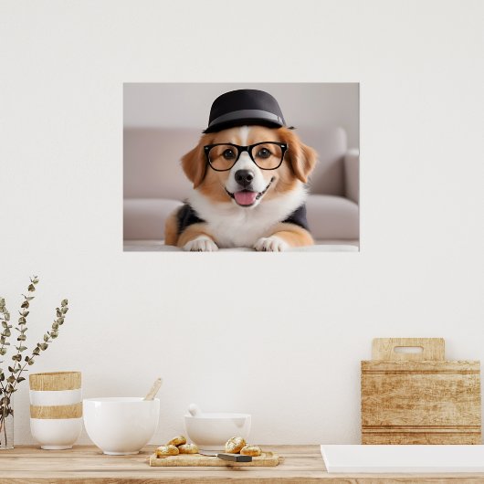 Hund mit Brille und Hut Poster (Küche)