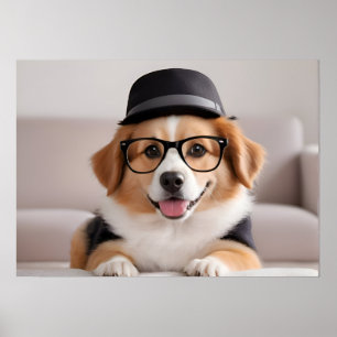 Hund mit Brille und Hut Poster