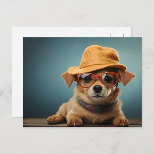 Hund mit Brille und Hut Postkarte (Vorne/Hinten)
