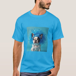 Hund mit einem blauen Perücken-T - Shirt