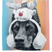 Hund mit einem Rentierhut Duschvorhang (Vorderseite)