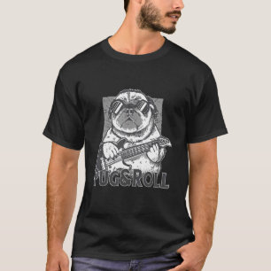 Hund mit einer E-Gitarre und Mops und Roll Rock T-Shirt