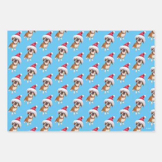 Hund mit großer Weihnachtsmannmütze Geschenkpapier Set (Vorderseite)