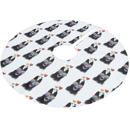 Hund mit Herz-Valentinstag Polyester Weihnachtsbaumdecke (Schrägansicht)