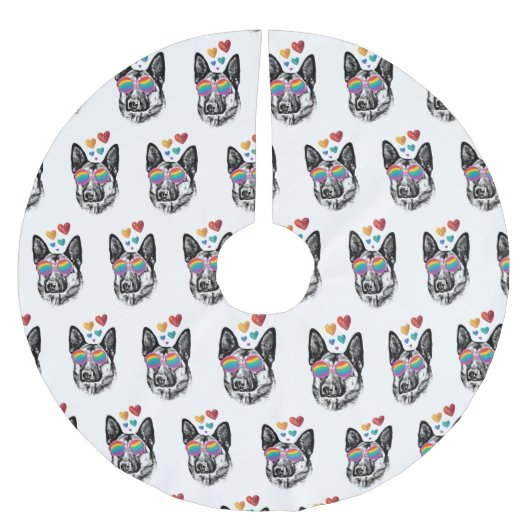 Hund mit Herz-Valentinstag Polyester Weihnachtsbaumdecke (Vorderseite)