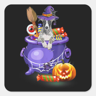 Hund mit Hexenhut, Kürbiskürbis Halloween Quadratischer Aufkleber