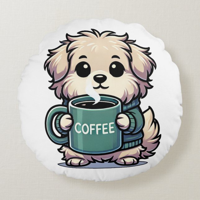 Hund mit Kaffee Rundes Kissen (Vorderseite)