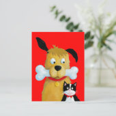 Hund mit Knochen & Katze - Funny Postcard Postkarte (Stehend Vorderseite)