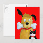 Hund mit Knochen & Katze - Funny Postcard Postkarte (Vorne/Hinten)