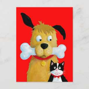 Hund mit Knochen & Katze - Funny Postcard Postkarte